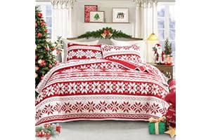 Flysheep Christmas Quilt Set 2 Pieces Twin Size, Red and White Snowflake Reversible Bedspread Coverlet Set, Soft Microfiber Lightweight Bed Cover for Kids (68" x 86", 1 Quilt+ 1 Pillow Sham)