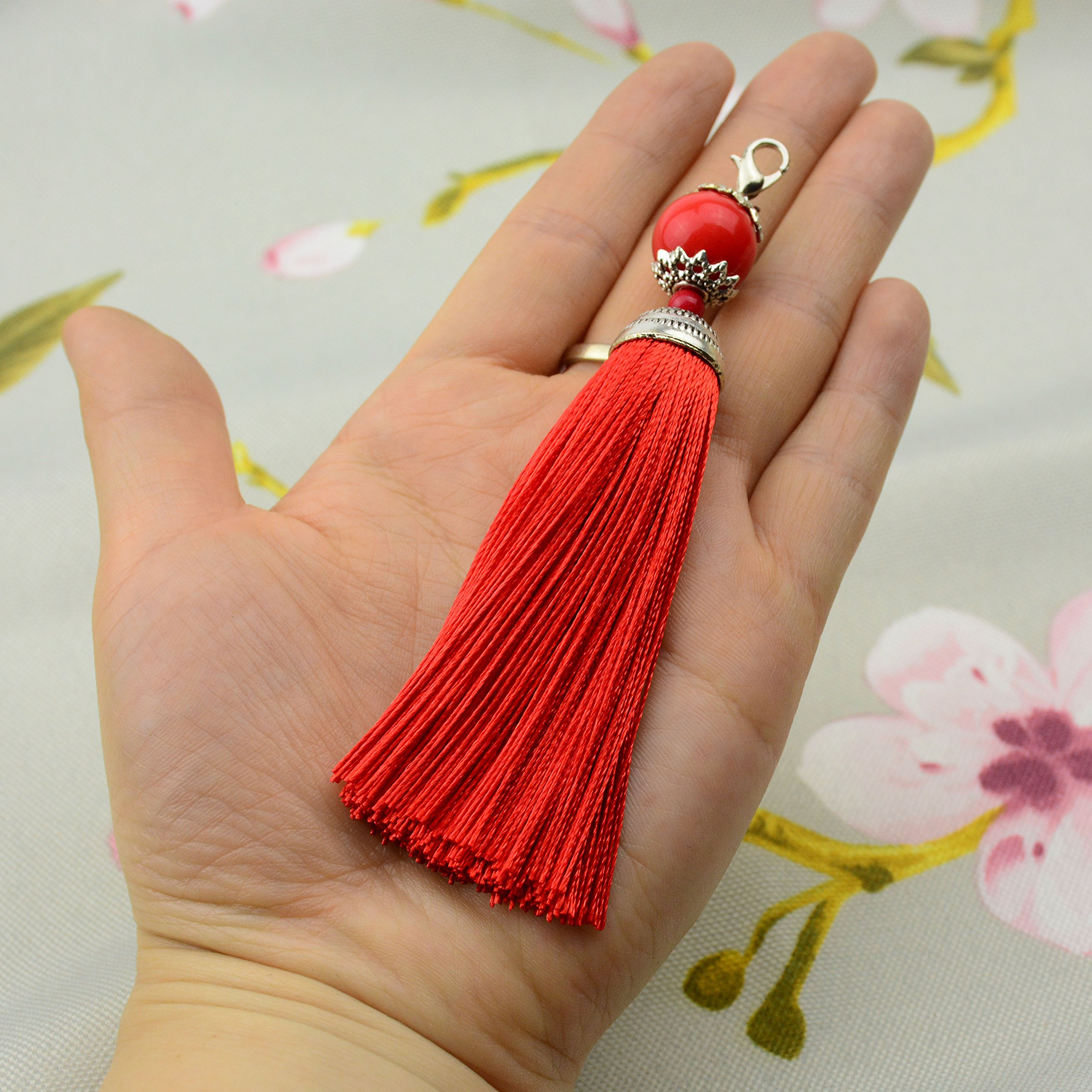 Makhry 10 pcs 4.5 Inch Handmade Silky Floss Lobster Clasp Tassel Key chain Beads Bookmark Tassel Pendant for DIY Craft Jewelry Women Earring (Red, Short)