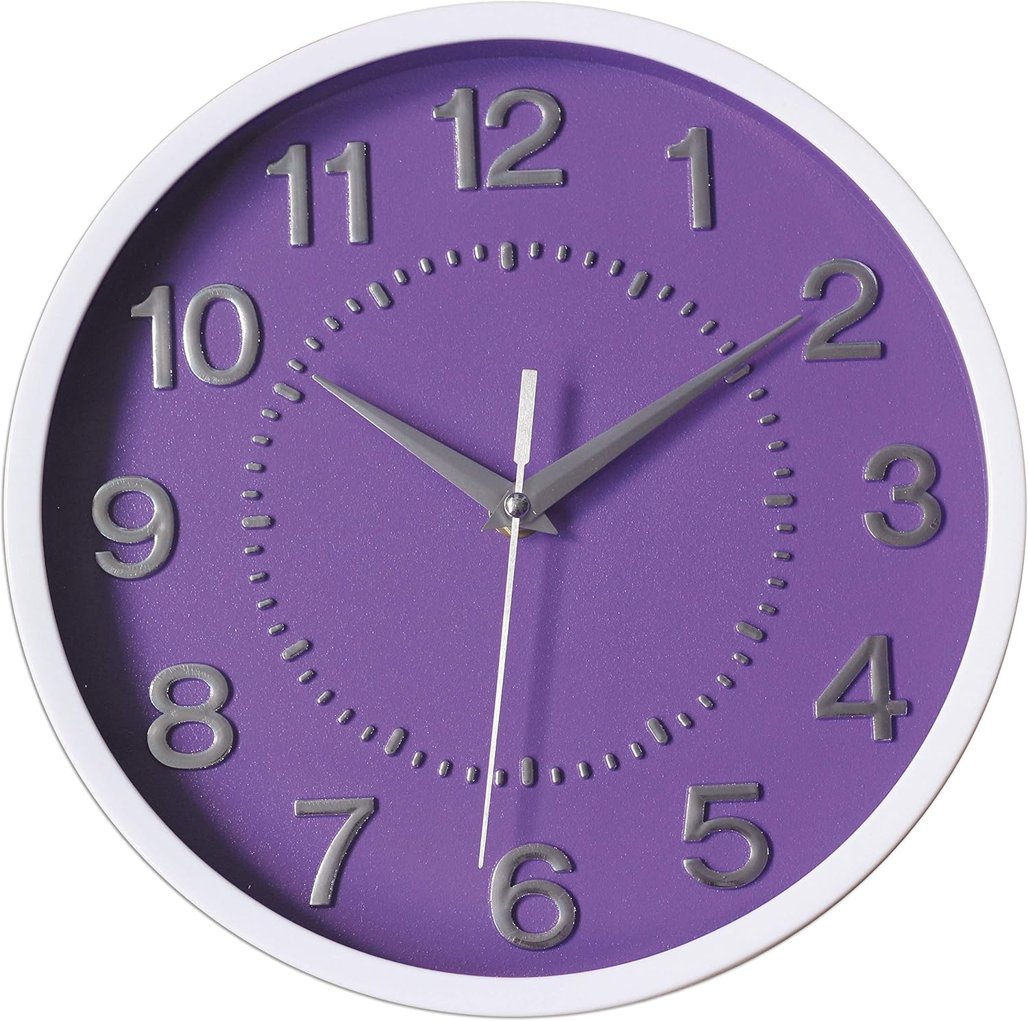 Decor Silent Wall Clock 10" Purple Dial 3D Numbers Non-ticking Decorative Wall Clock Battery Operated Round Easy to Read For School/Home/Office/Hotel