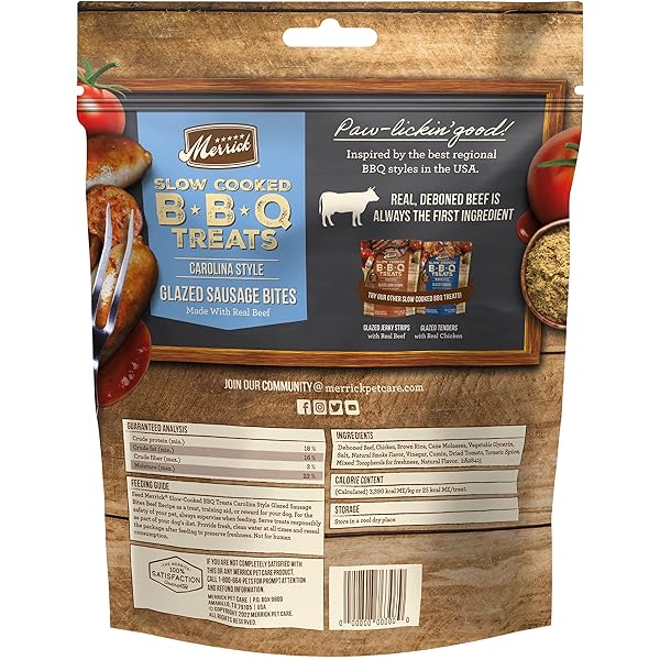 MERRICK CHEWY DOG TREATS, SLOW COOKED BBQ BEEF DOG TREAT CHEWS, CAROLINA STYLE GLAZED SAUSAGE BITES – 10 OZ. POUCH