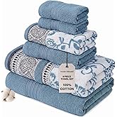 Modern Threads Ophelia 6-Piece 100% Cotton Towel Set – Reversible Yarn Dyed Jacquard & Solid – Includes 2 Bath Towels, 2 Hand Towels, 2 Washcloths – Absorbent, Quick Dry, Soft & Durable – Blue