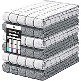 Homaxy Premium Cotton Kitchen Towels 16"x 28", Large Natural Ring Spun 390 GSM Dish Towels, Super Absorbent Terry Kitchen Hand Towels, Soft Tea Towels with Hanging Loop, Grey Check Design, 6 Pack