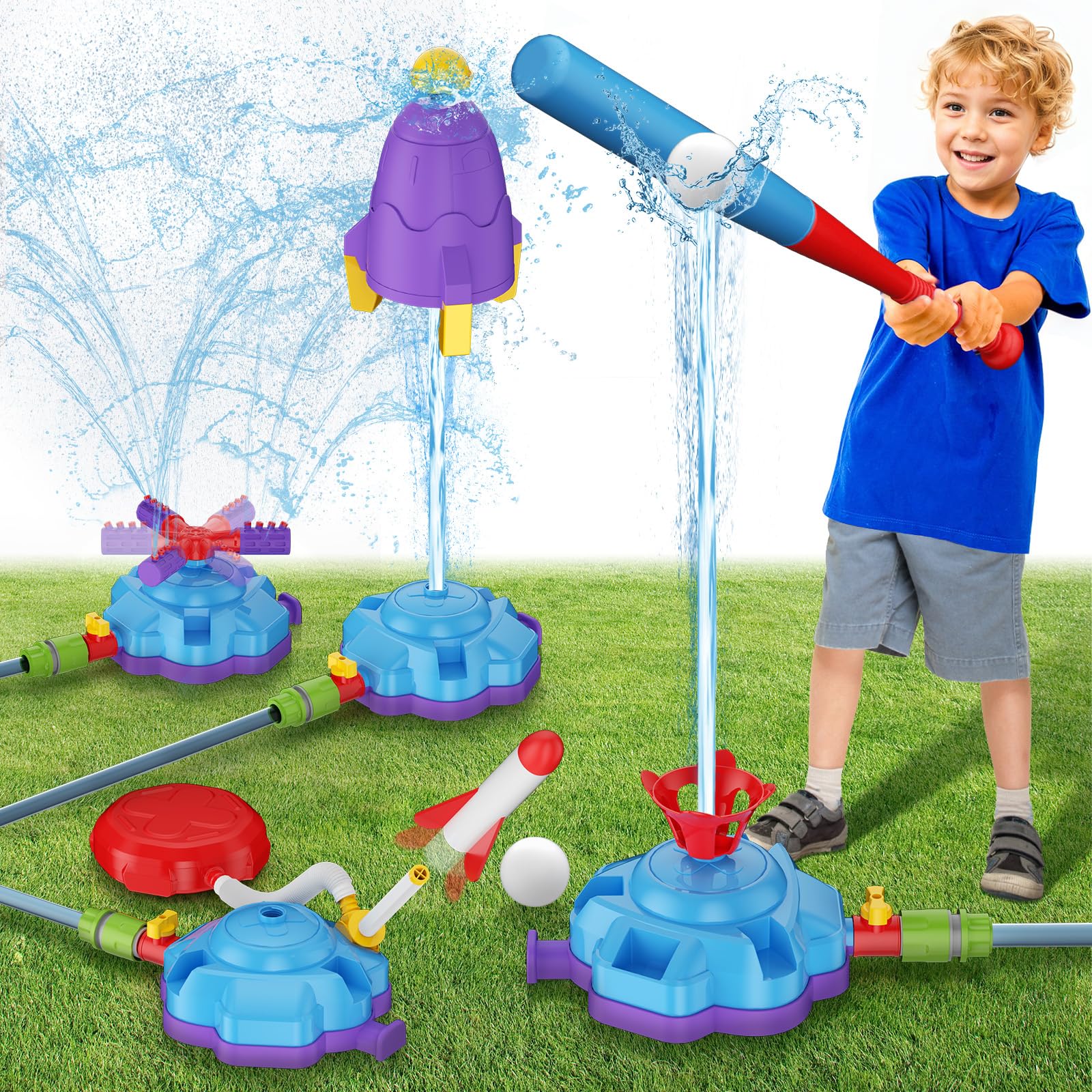 Photo 1 of 4-in-1 Water Sprinkler for Kids, Water Outdoor Baseball Rocket Launcher Toy with Water Sprinkler Baseball Toy, Kids Outdoor Sprinkler for Summer Backyard Lawn Pool Party for Ages 3-8 (Blue)