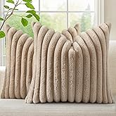 decorUhome Cozy Faux Fur Spring Throw Pillow Covers 18x18 Set of 2 Decorative Soft Plush Striped Modern Farmhouse Boho Couch Pillow Cases with Velvet Back for Sofa Bed Living Room, Khaki Brown
