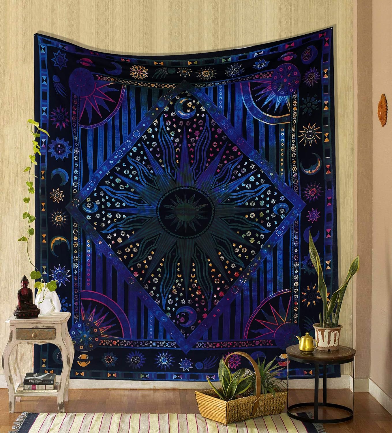 Tapestries - THE ART BOX Burning Sun Tapestry Tie Dye Celestial Poster Aesthetic Bedroom Tapestrys Moon Star Tarot Cotton Wall Hanging Boho Hippie Dorm Decor Beach Coverlet Curtain Blanket - Blue 54