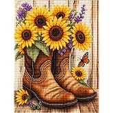 Zhenqing Sunflower Cowboy Boots Stamped Cross Stitch Kit for Beginners, 11CT Printed 30 x 40 cm Rustic Floral Vintage Boot Pattern with Threads, Needle and Guide, Farmhouse DIY Embroidery Wall Decor