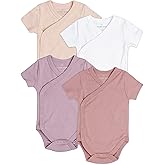 Baby Side Snap Bodysuit Set, 100% Cotton Boy Girl Unisex Kimono Onesie, 4 Pack