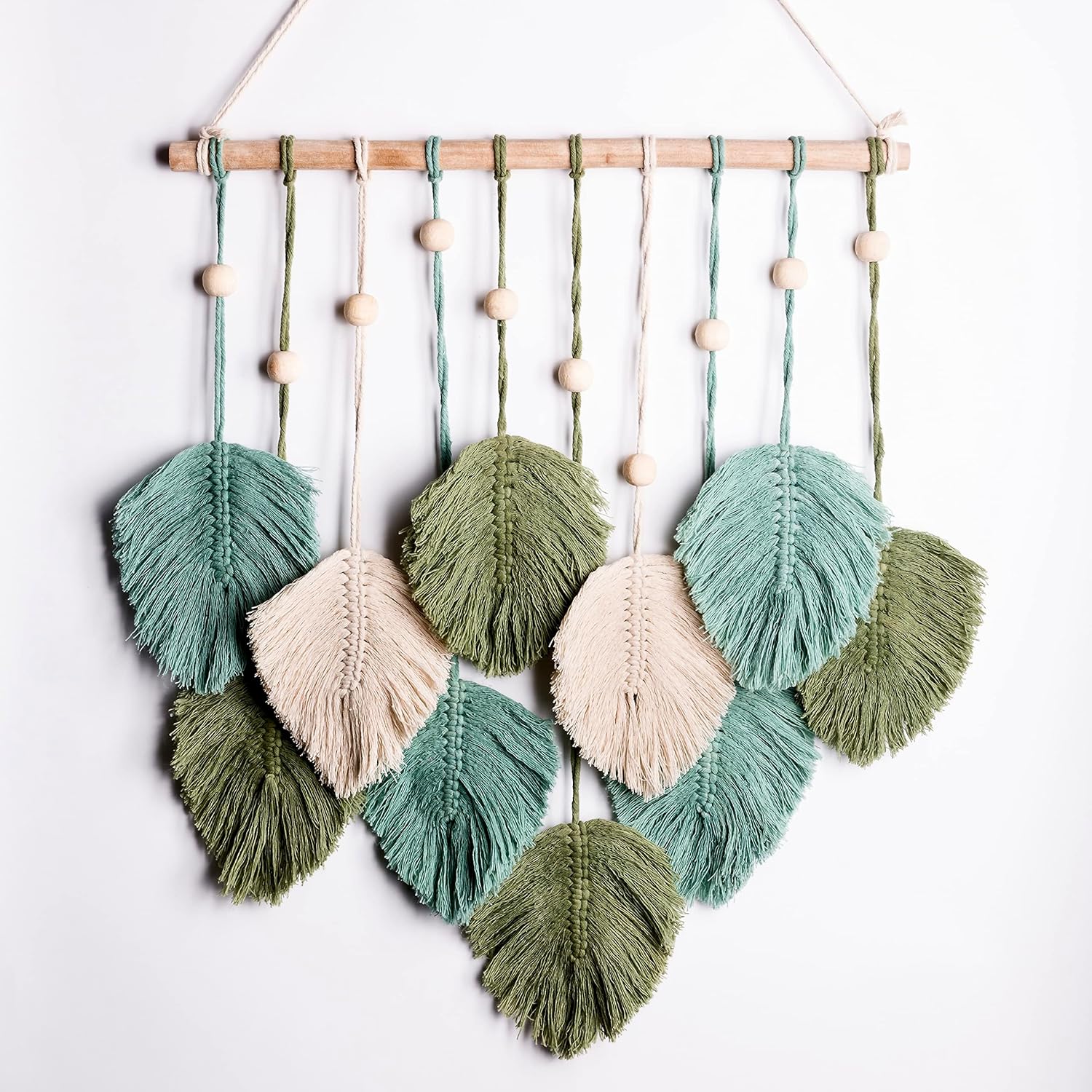 Tapestries - SnugLife Macrame Wall Hanging Leaves - Large Chic Feather Wall Hanging Boho Wall Decor, Handmade Yarn Woven Wall Art Leaf Tapestry for Nursery, Bedroom, Living Room, 17 X 22 Inch (Green, Sage Green & Beige)