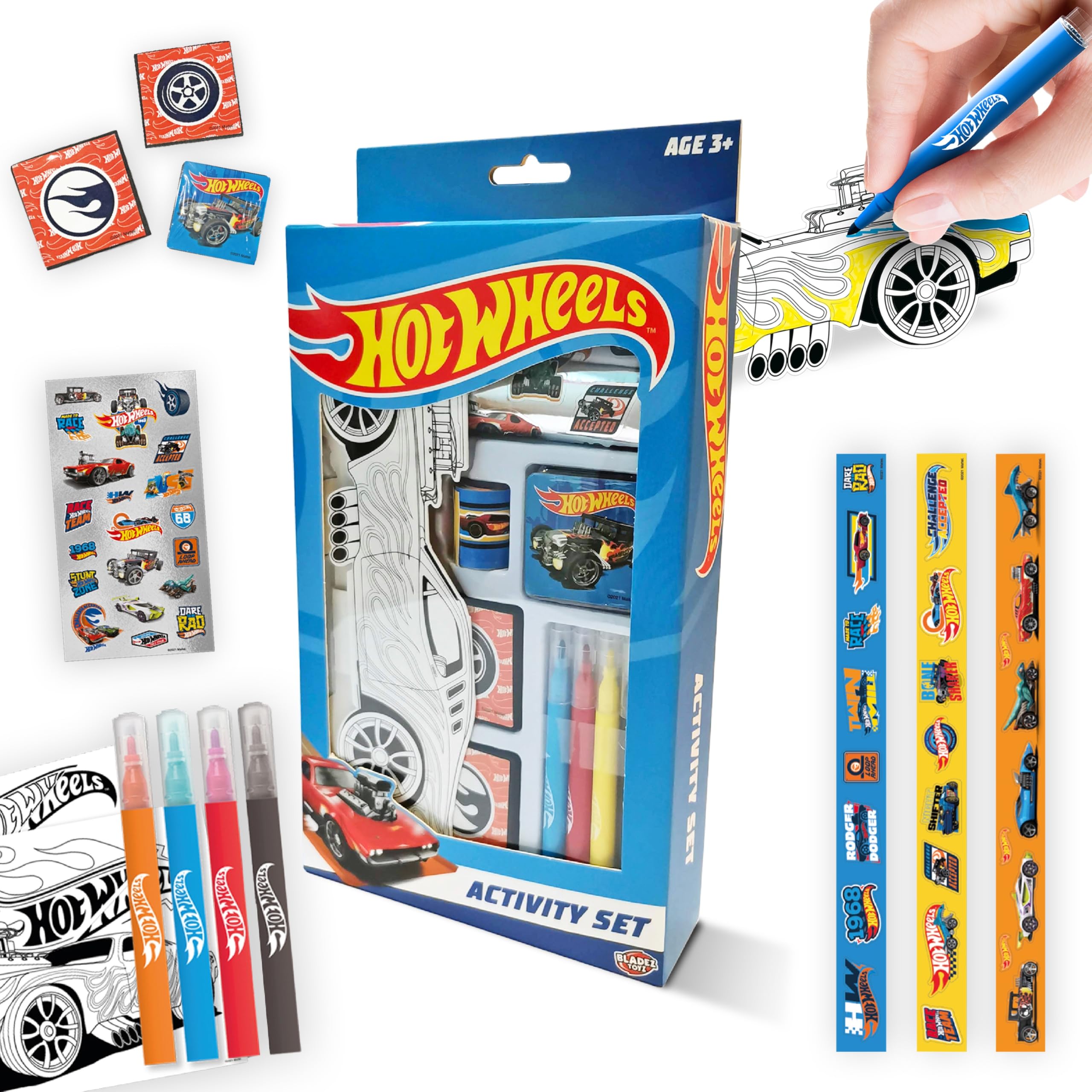 BLADEZ Hot Wheels Activity Set - Arts and Crafts for Kids with 150+ Pieces Including Pens, Stickers, Stampers & Colour-in Car - Licensed Craft Kits for Kids Ages 3+ - Creative Maker Kitz Toyz