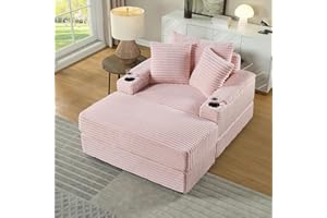 Tassullo Oversized Indoor Lounge Chaise Chair with Ottoman, Wide Corduroy Upholstered Sofa Chaise Pocket Spring Cushion, Cozy Living Room Chair with Storage Armrest & Cupholders (Pink)