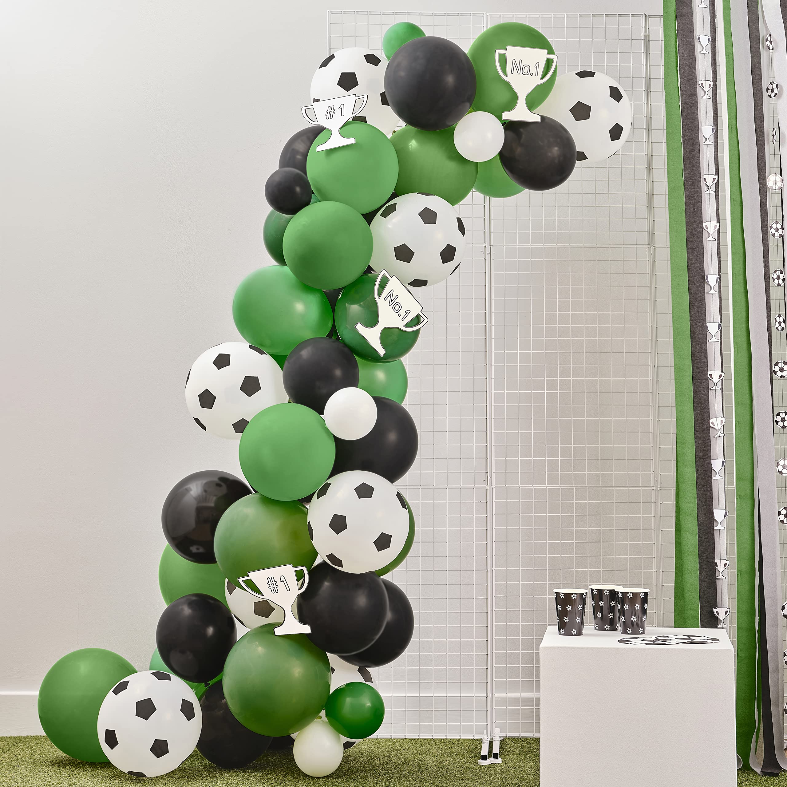 Ginger Ray Kids Football Balloon Arch with Card Trophy Decorations Perfect for World Cup Parties