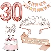 30th Birthday Decorations for Her, Including 30th Tiara and Sash, Happy Birthday Banner, Cake Toppers, Number Candles and Balloons Set, Rose Gold