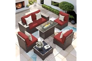 VONZOY 7 Piece Patio Furniture Set with Fire Pit Table, Outdoor Conversation Sets Wicker Rattan Sectional Sofa with Coffee Table, 4'' Thickened Cushion Wine Red (Include Waterproof Cover)