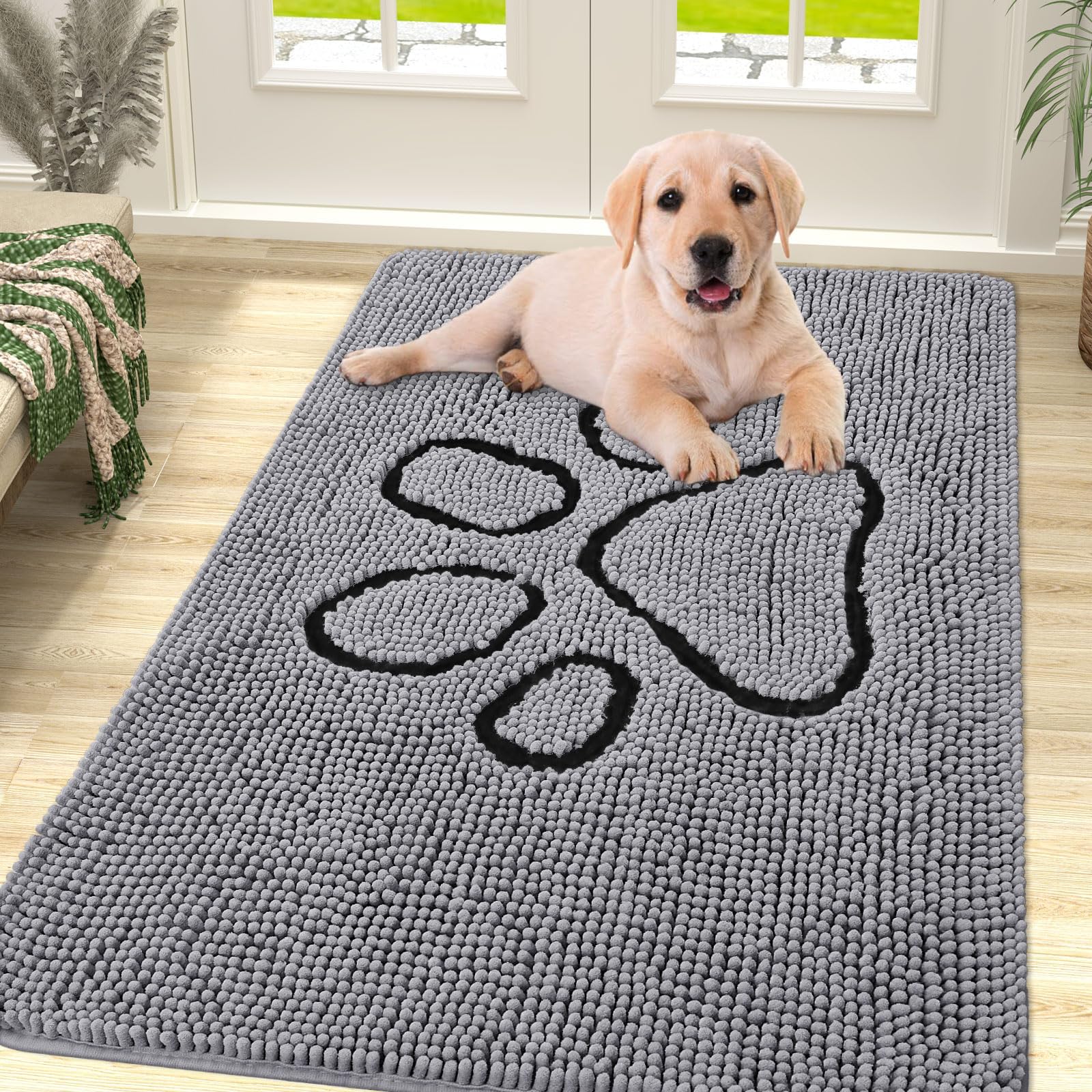 Homaxy Dog Door Mats Indoor, Super Absorbent Non Slip Doormats, Soft Chenille Floor Mat, Machine Washable Entrance Rug for Dogs Muddy Paws, Muddy Wet Shoes - 76 x 121 cm, Grey