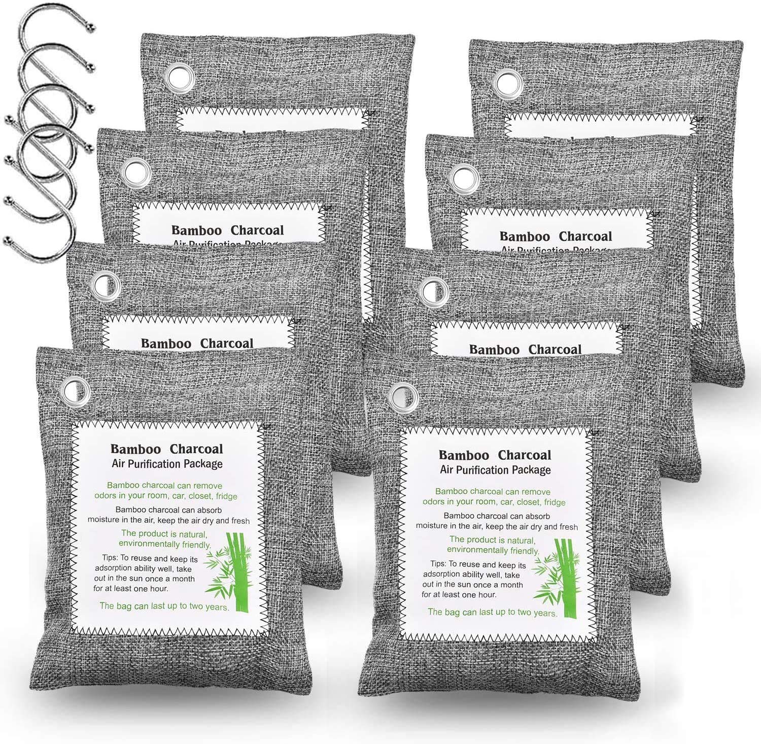 LighSele 8 Pack Bamboo Charcoal Air Purifying Bag with 4 hooks, Nature Fresh Air Purifier Bags, Air Freshener Charcoal Bag Odor Eliminator Removes Odors & Moisture for Home, Car, Pet, Closet (8x200g)