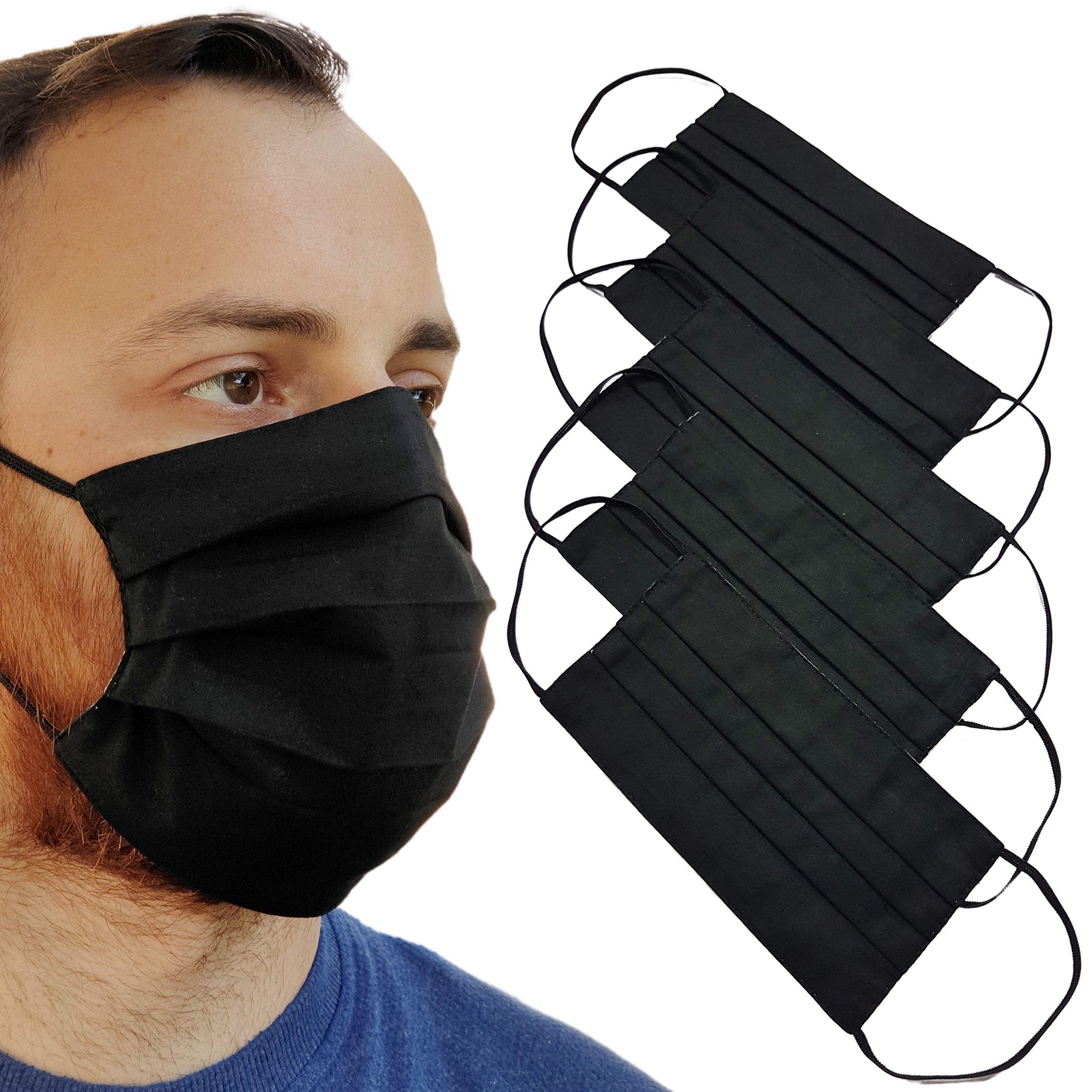 Lilind 5 Pack Pack Face Masks, Comfortable Gift, Handmade in UK, Breathable Soft Cloth, Reusable and Washable Covering, 100% Cotton, 5 pcs Black