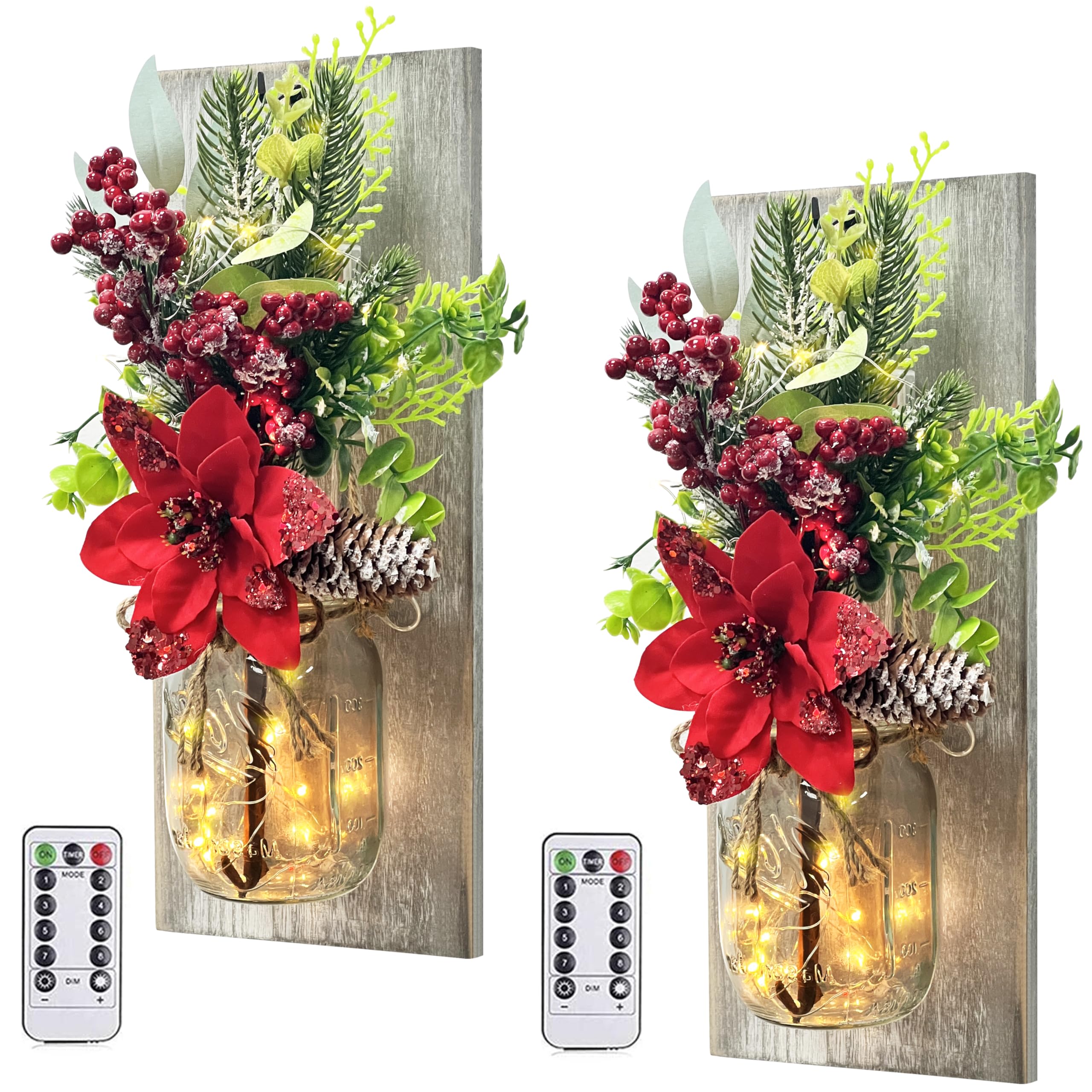 Photo 1 of **CORRECT ITEM****Mason Jars Sconce Decor Rustic Wall Sconces Handmade Wall Art Hanging Design with Remote Control LED Fairy Lights and Red Berry, Xmas Farmhouse Wall Home Decor Living Room Lights Set of Two