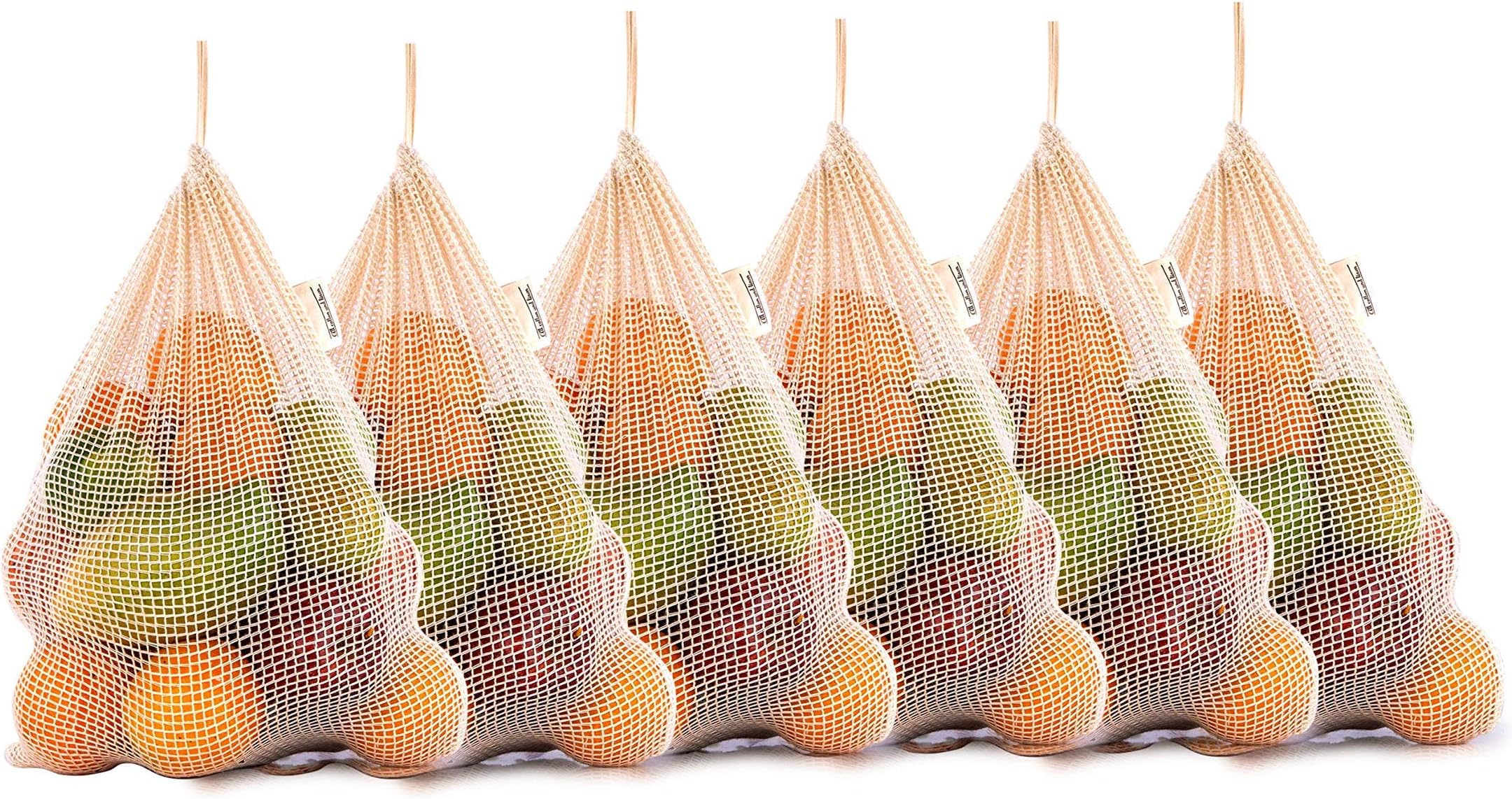 Cotton Mesh Bags for Vegetables - Cotton Mesh Produce Bags with Drawstring - Reusable Mesh Produce Bags - Mesh Produce Storage Bag - Vegetable Bags Grocery Reusable - Set of 6 Medium