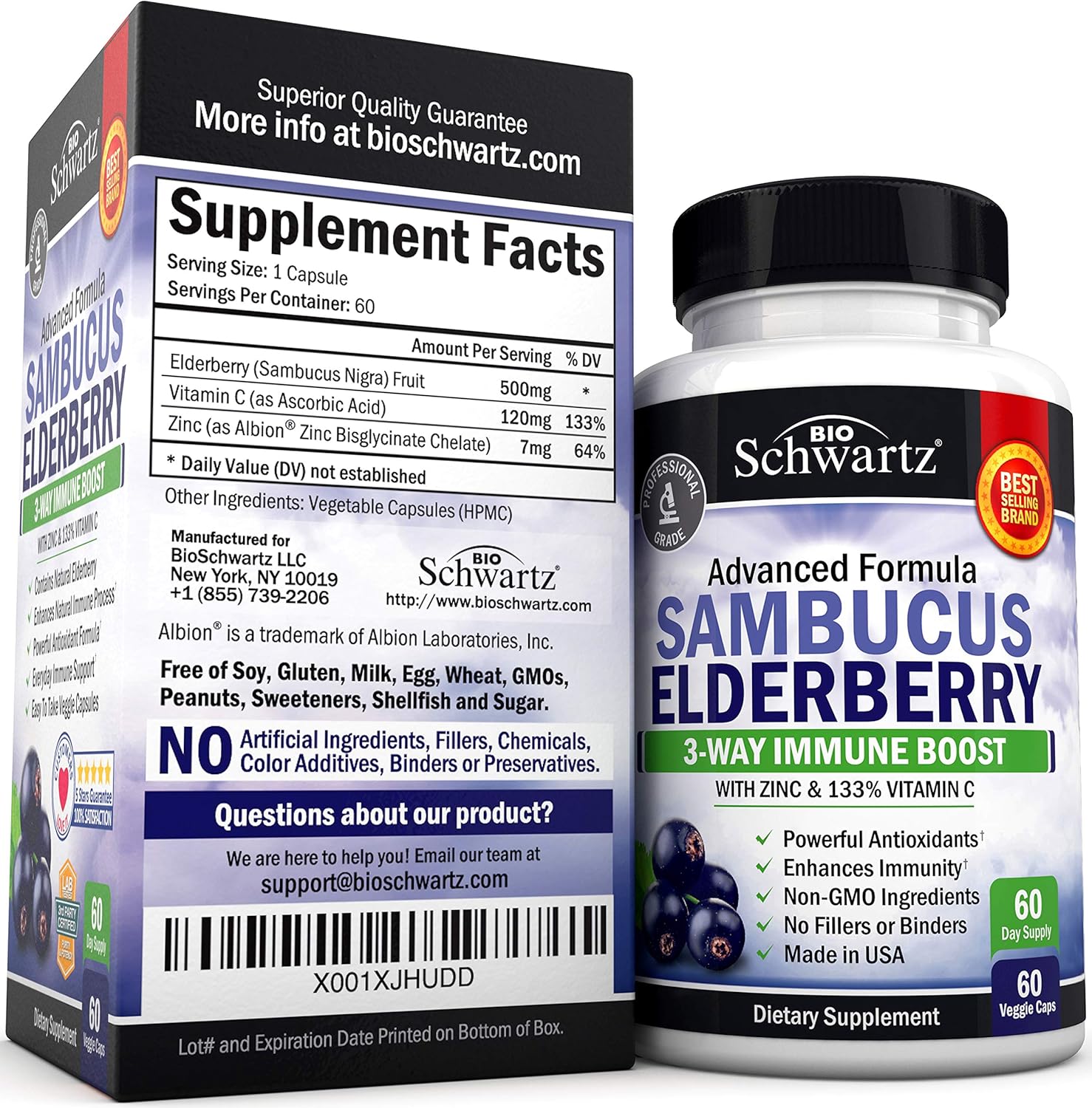 Sambucus Elderberry Capsules with Zinc & Vitamin C (2 Month Supply) - Dr. Approved Women & Men's Daily Herbal Supplement for Immune Support, Skin Health - Powerful Antioxidant - Natural Elderberries: Health & Personal Care