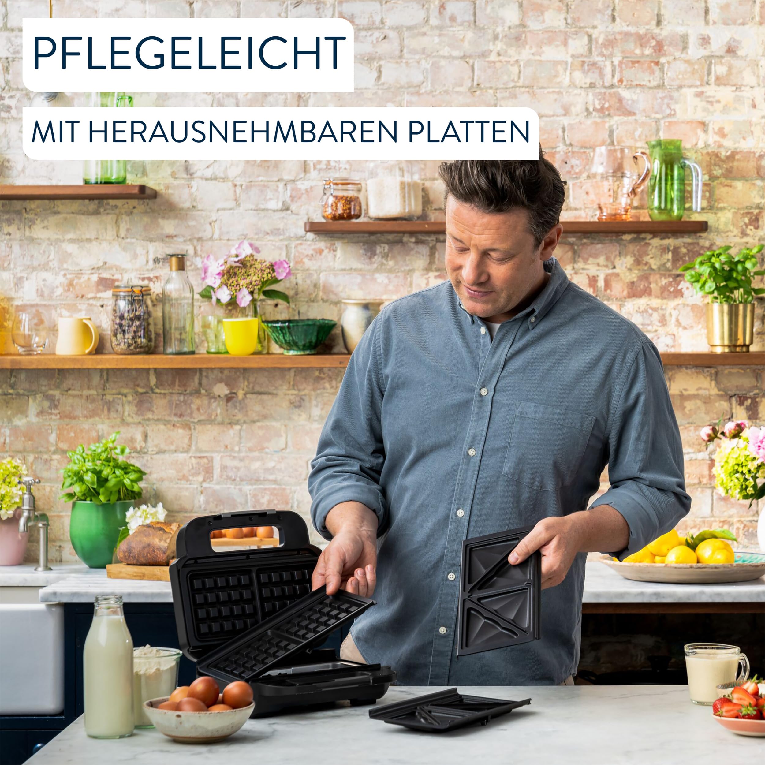 Tefal Jamie Oliver 2-in-1 Sandwich-Waffel-Kombigerät, Antihaftbeschichtete Platten, spülmaschinengeeignet, Betriebs- und Temperaturkontrollleuchte, Kabelaufwicklung, Edelstahl/Schwarz, SW70J810 6