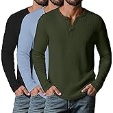 Velvelhall 3 Pack Men’s Waffle Henley Shirts, Long Sleeve Button Tops Casual Basic T-Shirts Lightweight Knit Pullover