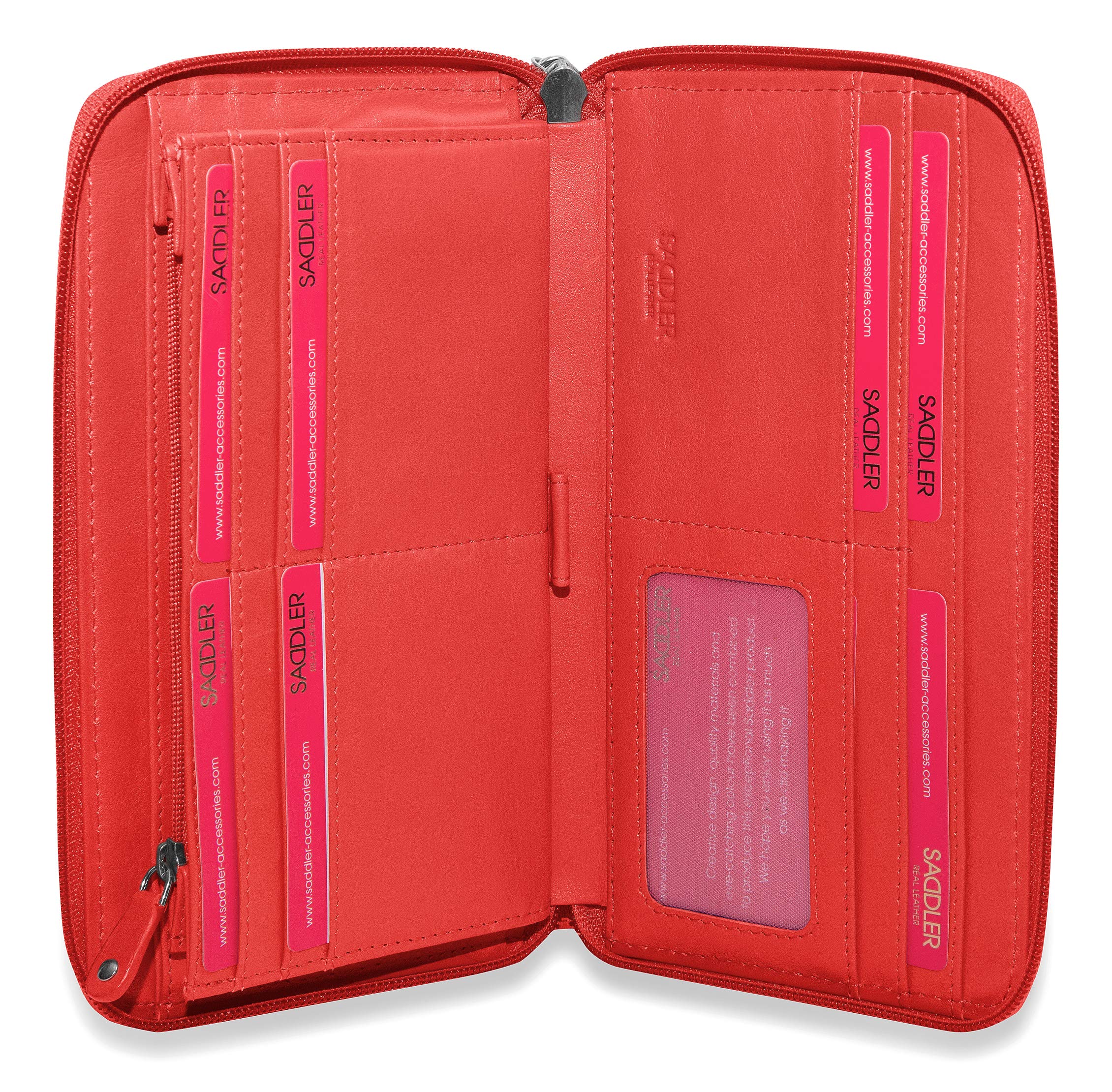 SADDLER Sophia Purse – RFID Protected Real Leather Large Zip-Around Wallet with 15 Card Slots, ID Window, Wrist Strap & Multi-Section Interior – Fits Most Phones – Gift-Boxed