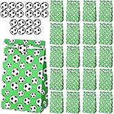 Tucnoeu 20 Pack Soccer Gift Bags, Soccer Goodie Bags, Green Paper Soccer Snack Bags Soccer Treat Bags Soccer Print Gift for Team Birthday Sport Themed Supplies with 20 Stickers