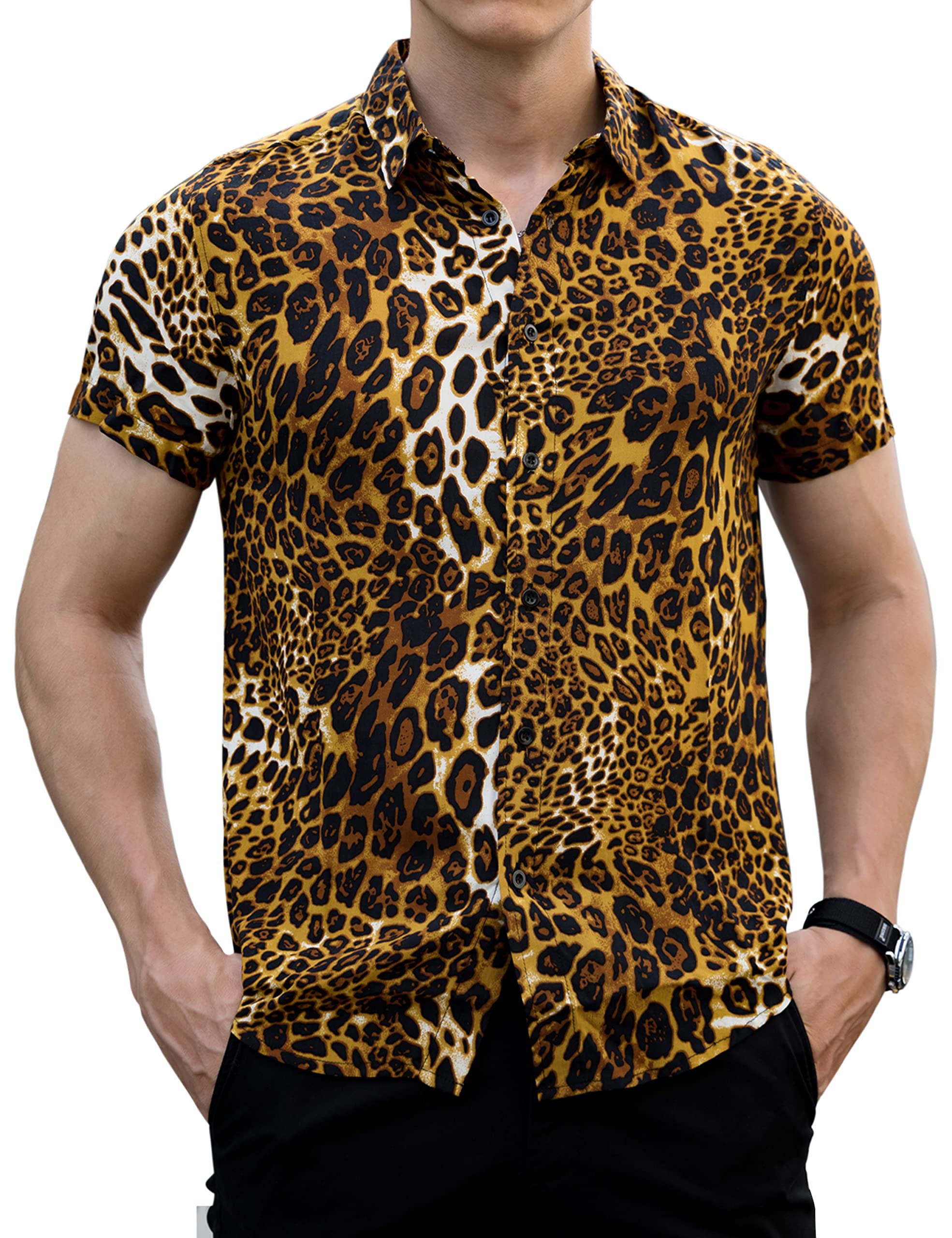 Photo 1 of LOGEEYAR Men Casual Button Down Shirt Leopard Snakeskin Print Cool Style Short Sleeve