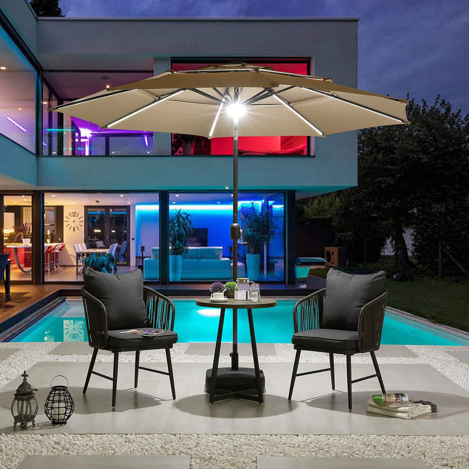 Umbrellas Patio Lawn Garden Lokatse Home 9 5 Solar Patio Umbrella Outdoor With Led Lights 3 Tier W Tilt Adjustment Deck Crank 8 Aluminum Rib Blue Metal Pole For Garden Market And Pool