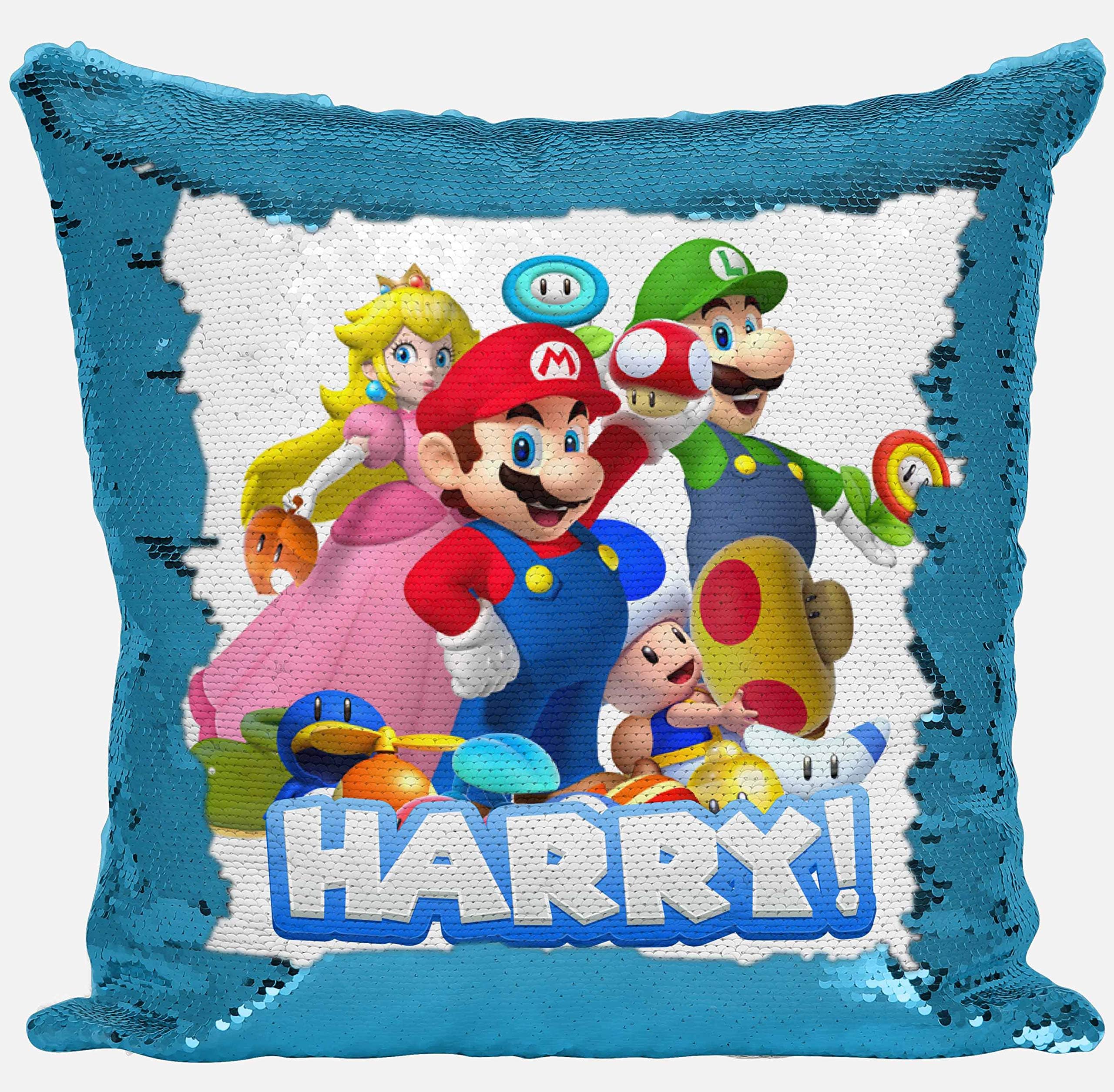 DAILY GIFTS Personalised Super Mario Any Name Magic Reveal Sequin Cushion Cover Gift (Case Only)