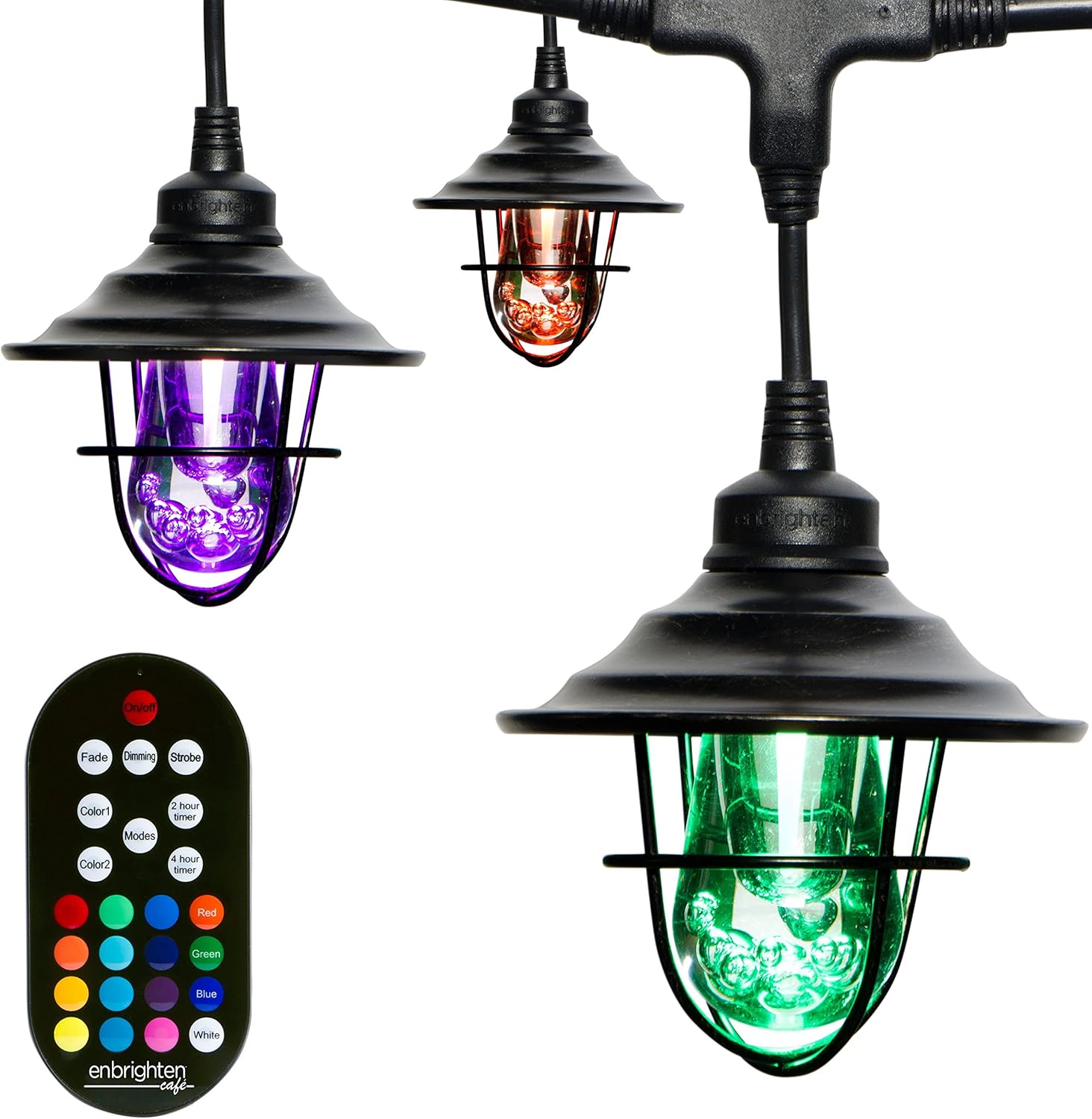 Enbrighten Seasons LED Warm White & Color Changing Café String Lights with Oil-Rubbed Bronze Lens Shade, Black, 48ft, 24 Impact Resistant Lifetime Bulbs, Wireless, Weatherproof, Indoor/Outdoor, 43385