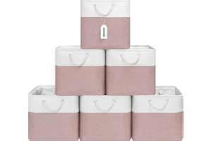 ECDYQXVU 13x13 Inch Cube Storage Bins with Reinforced Bottom Cardboard, 6 Pack Large Collapsible Fabric Storage Cubes with Handles for Shelf, Closet, Toy, Laundry Organization (White&Pink)