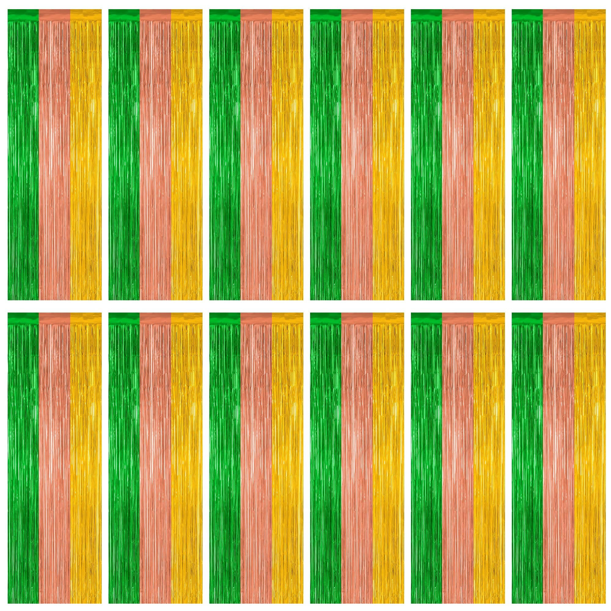 Photo 1 of 12 Pack Hawaiian Party Decorations, 3.28 FT x 7.05 FT Luau Party Decorations, Green Brown Yellow Luau Backdrop Fringe Curtains Foil Streamer, Metallic Summer Decor Luau Party Supplies