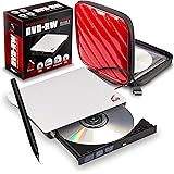 HJS External Ultra-Slim USB 3.0 Portable DVD CD Drive: White Writer, Rewriter, Plug and Play High-Speed Universal Data Transfer plus CD Case and Pens