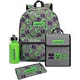Minecraft Backpack For Kids | Creeper Zombie Enderman Merchandise Villains School Rucksack Pencil Case, Water Bottle Bag, Grey, One Size