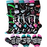 Breathffy 6 Pairs Nurse Compression Socks 15-20 mmHg Graduation CRNA Nurses Week Appreciation Gifts Funny Medical Support Knee High Doctors Socks for Women Men Unisex Running Sport Gift
