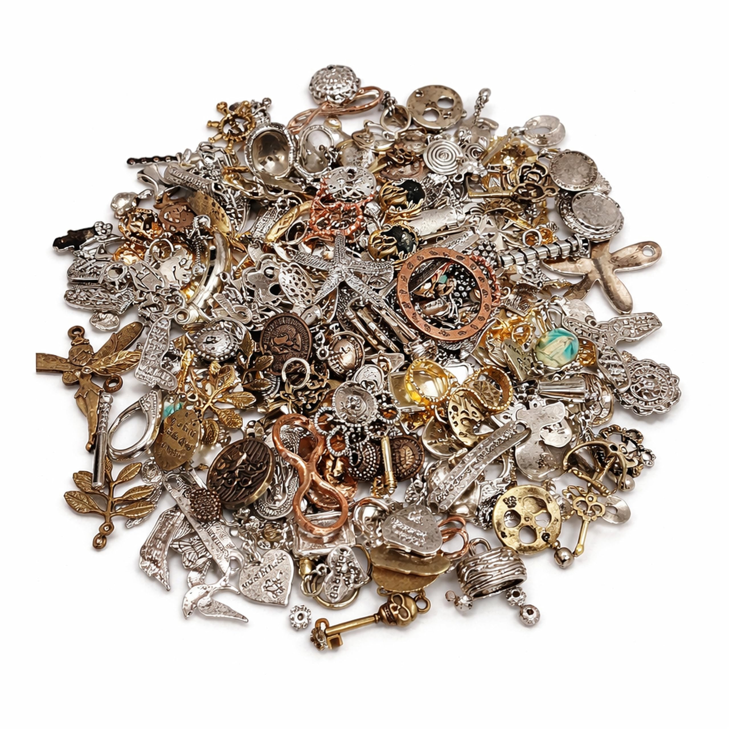 Vintage Pendant Mix, 100g Metal Beads and Connectors for Necklaces, Charm Mix, Colourful, Silver, Gold, Made from Vintage Parts, DIY Jewellery, Medallions, Pendants, Chains, M66