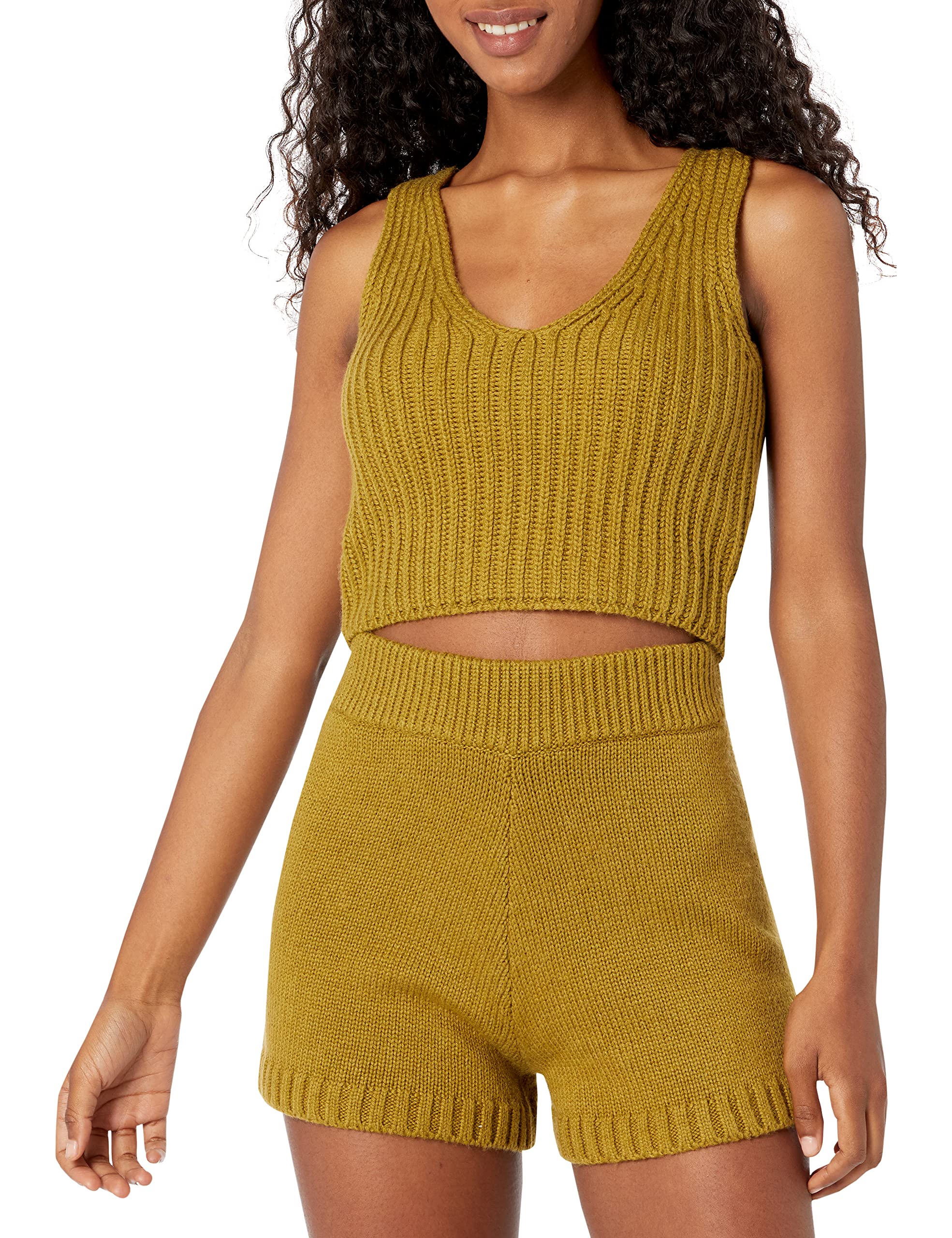 Photo 1 of **TOP ONLY**The Drop Women's Sylvie Double V-neck Textured Rib Cropped Sweater Tank, Olive Oil, S