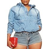 Tycorwd Women's Plus Size Half Zip Denim Hoodie Sweatshirt Pullover Jacket Jean Tops with Pockets