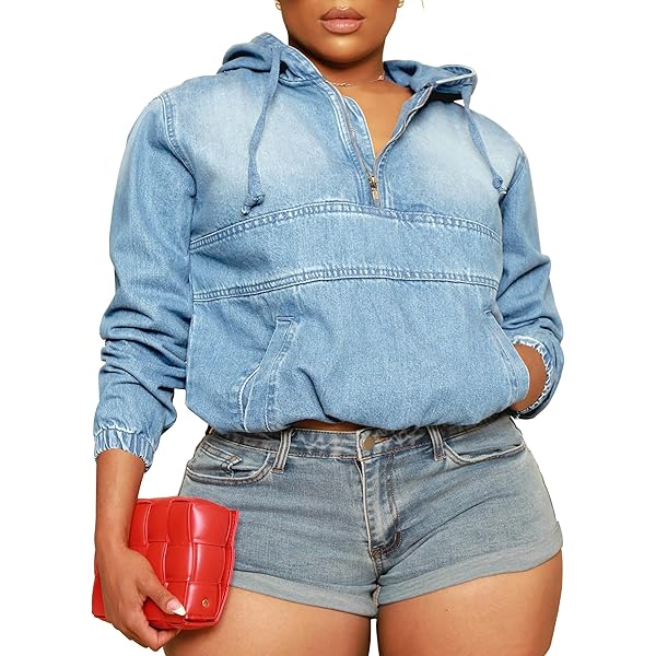 TOPSRANI Womens Plus Size Half Zip Up Denim Hoodie Casual Jean