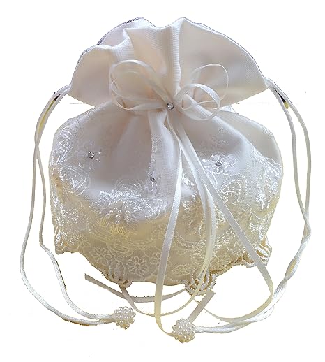 LadyMYP© Brauthandtasche, Brautbeutel mit Strasssteinen und Perlen auf Spitze, Hochzeit, Kommunion