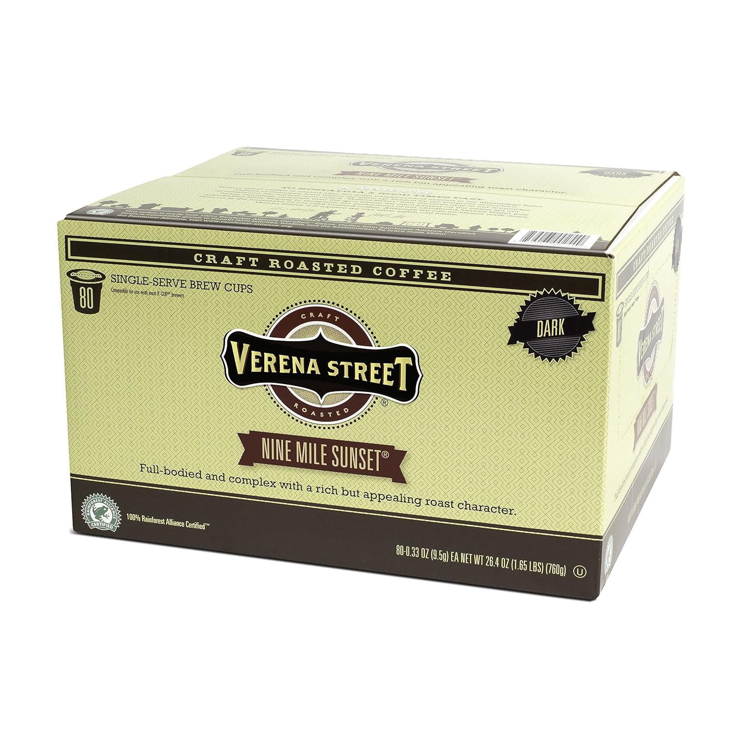 Verena Street Single Cup Pods (80 Count) Dark Roast Coffee, Nine Mile Sunset, Rainforest Alliance Certified Arabica Coffee, Compatible with Keurig K-cup Brewers