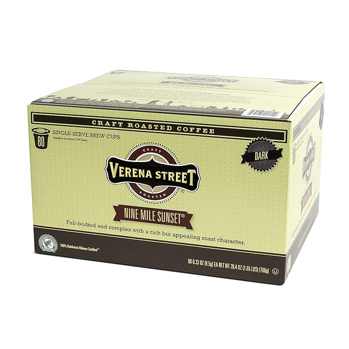 Verena Street Single Cup Pods (80 Count) Dark Roast Coffee, Nine Mile Sunset, Rainforest Alliance Certified Arabica Coffee, Compatible with Keurig K-cup Brewers