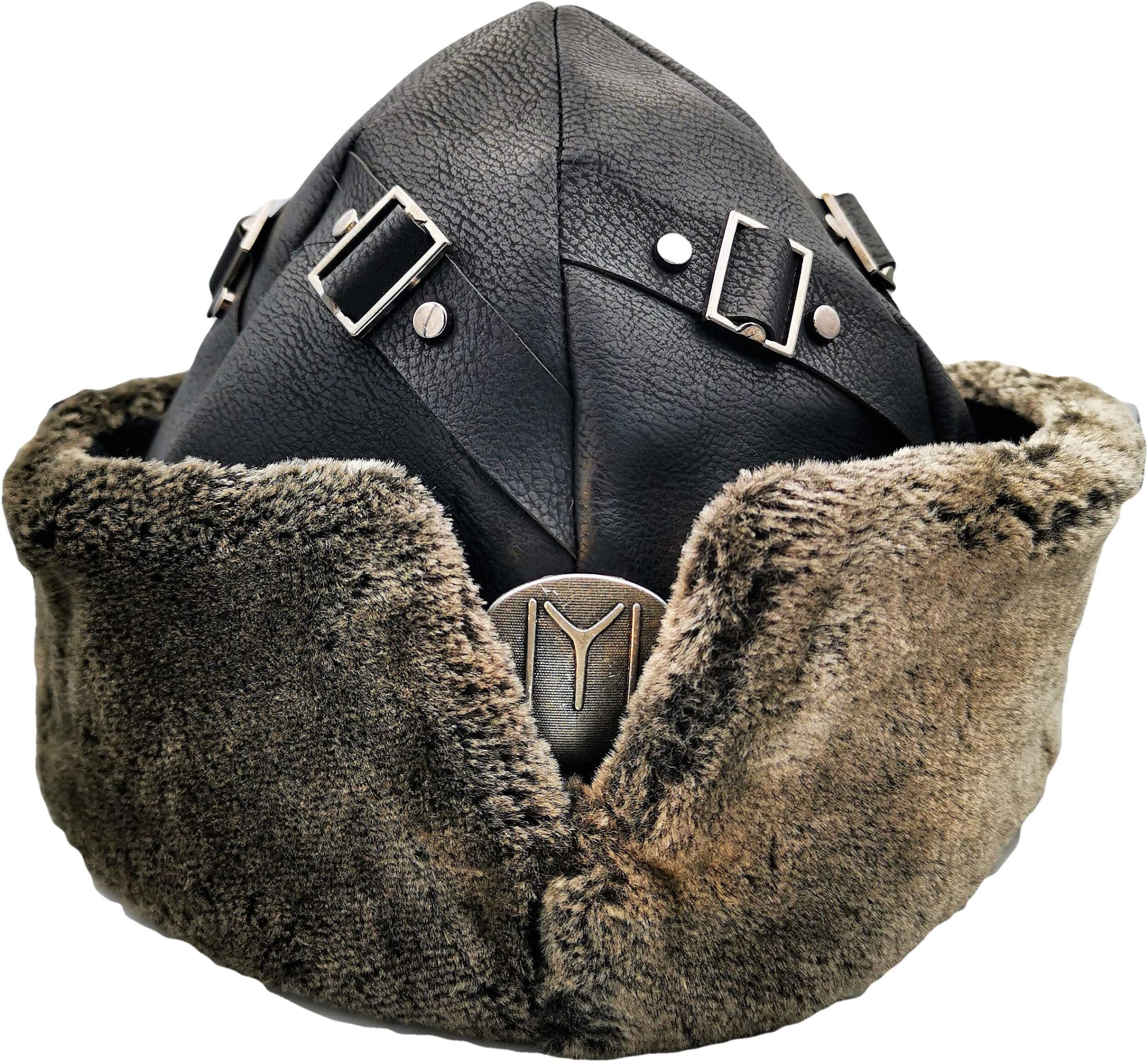 IYI Ertugrul Alp Hat with Faux Fur and Silver Logo - Decorated with Buckles & Strings - Plain Styles Ottoman Warrior Winter Warm Cosy Bork Russian Hat Turgut Bamsi Turkish Kayi Seljuk