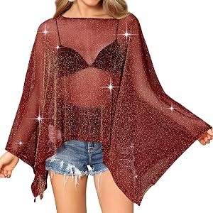 FEMLE Women's Batwing Sparkly Glitter Sheer Mesh Shawl Poncho Cape Top | See Through Asymmetrical Hem Cover Up, Ideal Outfit