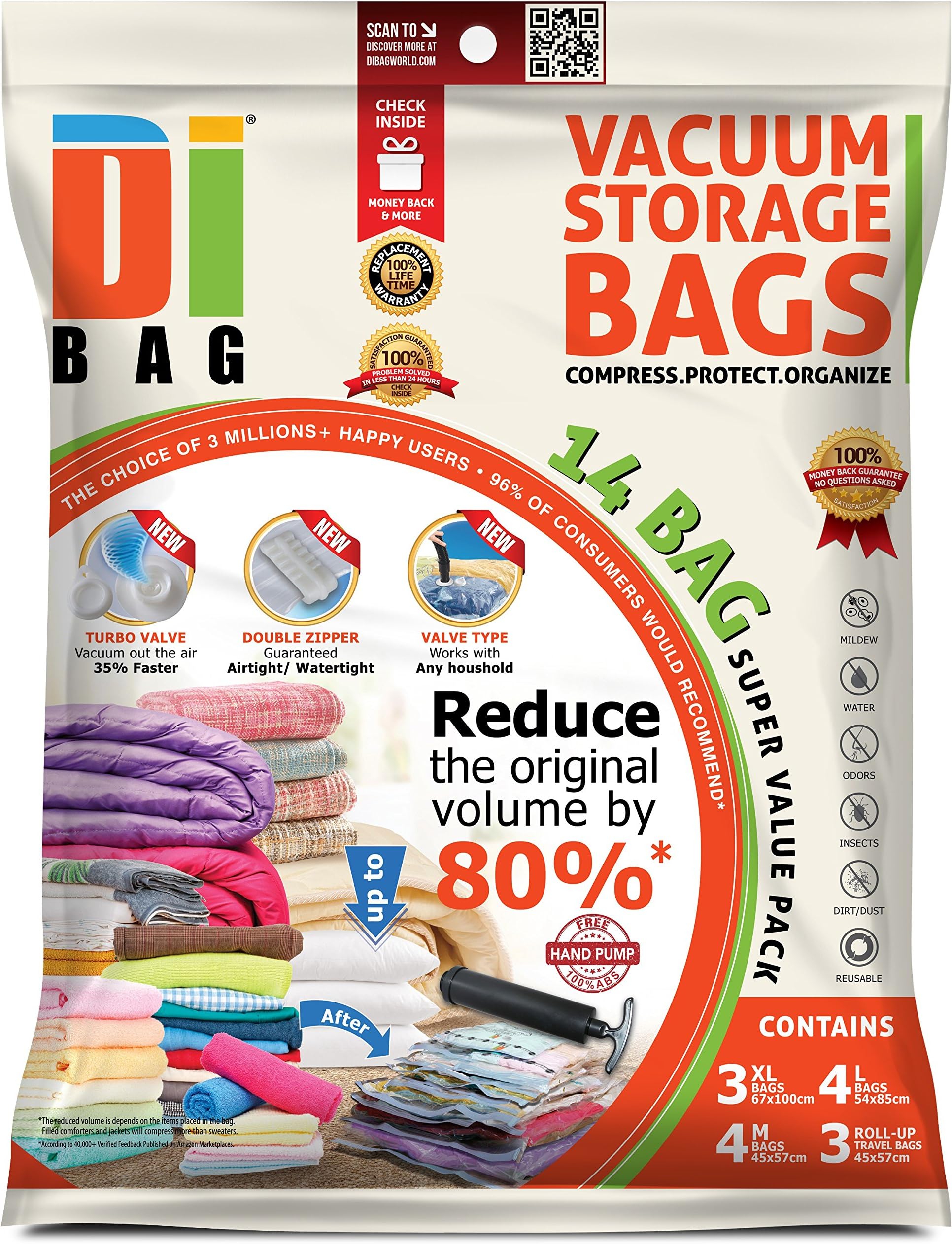 DIBAG ® 14 Space Saver Vacuum Storage Bags - Premium Travel Space Bags - 3 XL + 4 L + 4 M + 3 Roll-Up Bags -