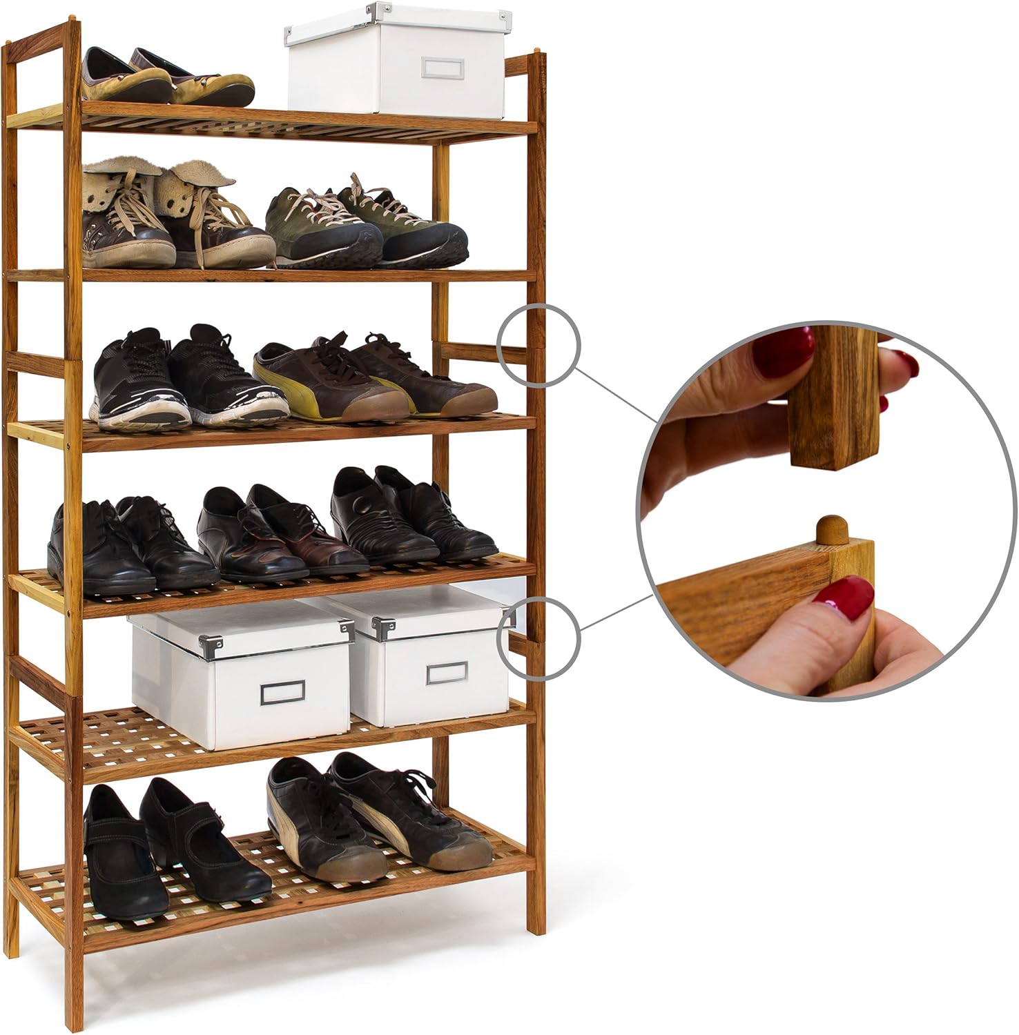 Relaxdays 2-tiered shoe rack, stackable shoe bench, made from walnut wood, two shelves for up to 6 works of shoes, brown - Image 4