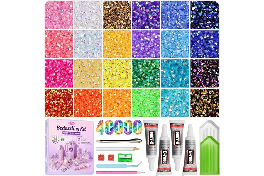 Redtwo 40000Pcs Resin Jelly Rhinestones for Bedazzling, 3mm Multicolor Flatback Rhinestones, Bedazzling Kit with 4Pcs B7000 Jewelry Glue and Tools, Bedazzler Kit for Crafting Book Clothes Makeup Shoes