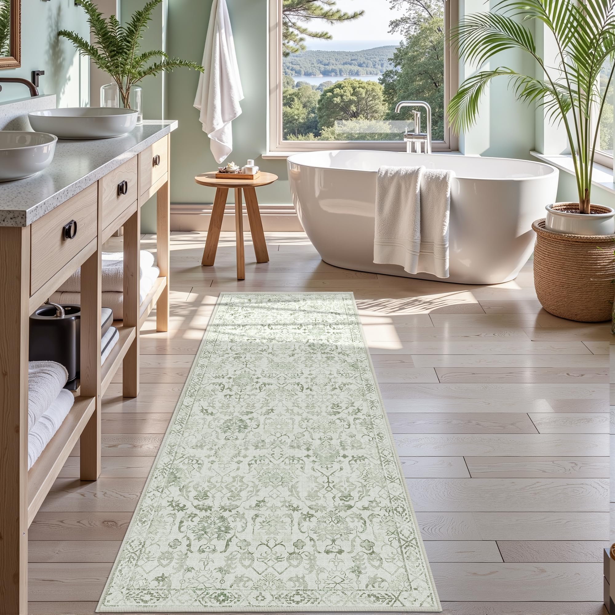 Photo 1 of Sage Green 2x6 Runner Rug for Hallways Bed Side Kitchen, Boho Washable Distressed Low-Pile Floor Entryway Long Bathroom Mat, Non-Slip Laundry Room Washstand Front Carpet Green 24x72 Inch