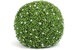 3rd Street Inn White Flower Grass Topiary Ball - Artificial Plant Set - Indoor/Outdoor Wedding Party Decor - Faux Foliage Garden Sphere - Tree and Bush Substitute (19")